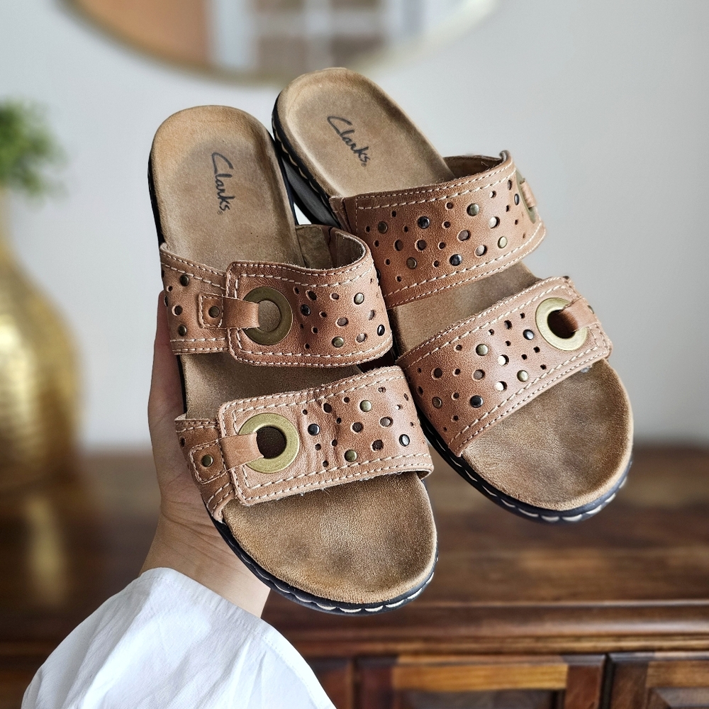 Clarks Bendables Leather Slide Sandals Brown Perforated Comfort Wedge 10M
